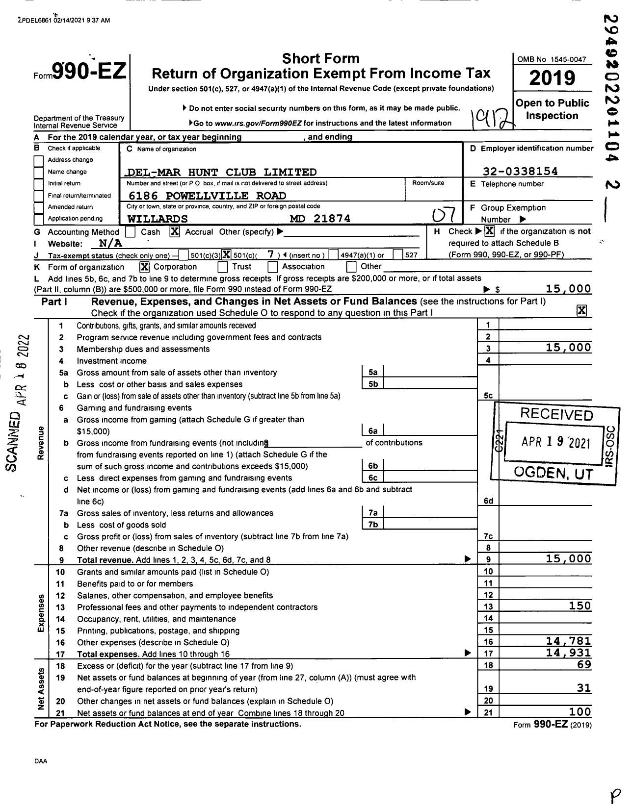 Image of first page of 2019 Form 990EO for Del-Mar Hunt Club Limited