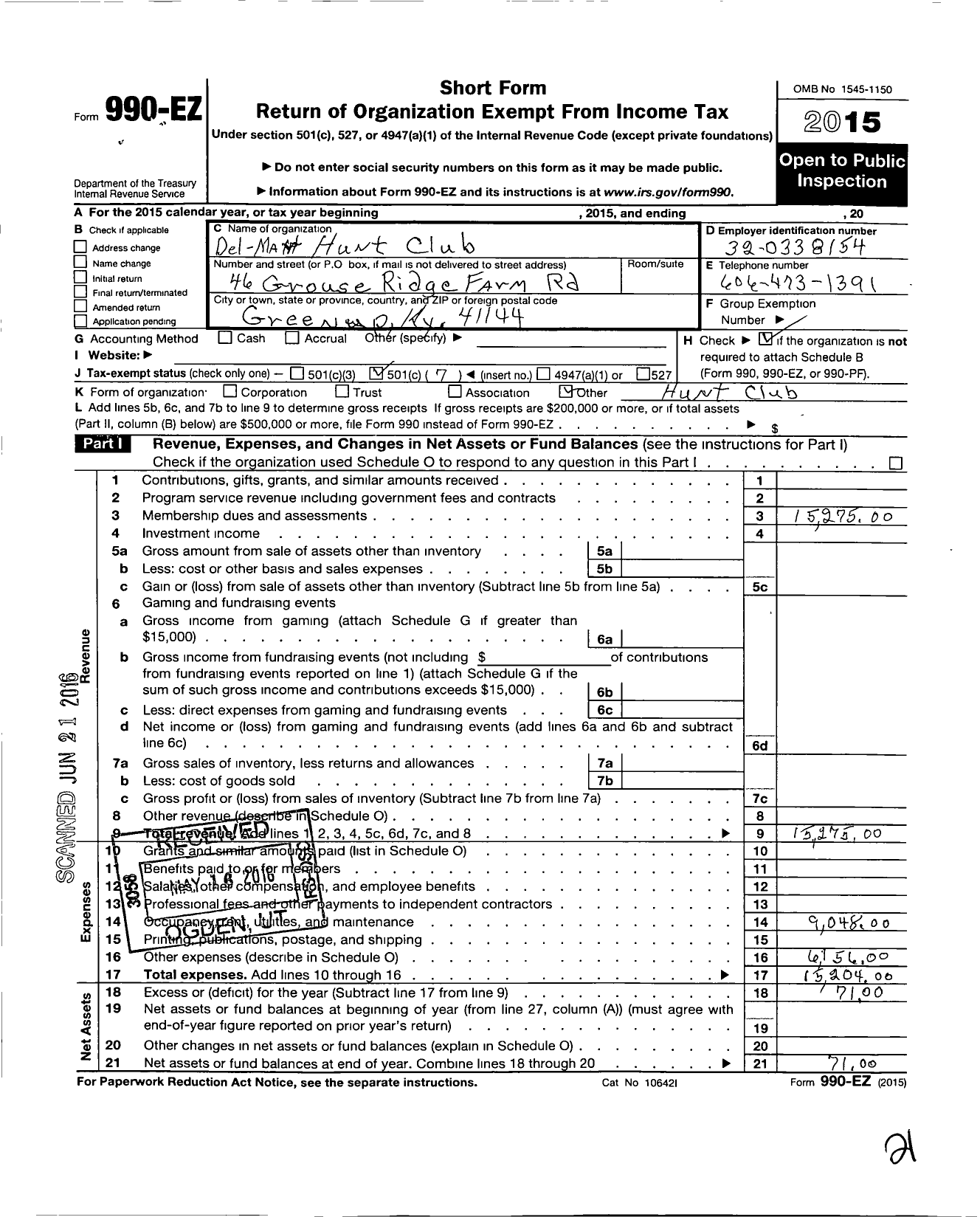 Image of first page of 2015 Form 990EO for Del-Mar Hunt Club Limited