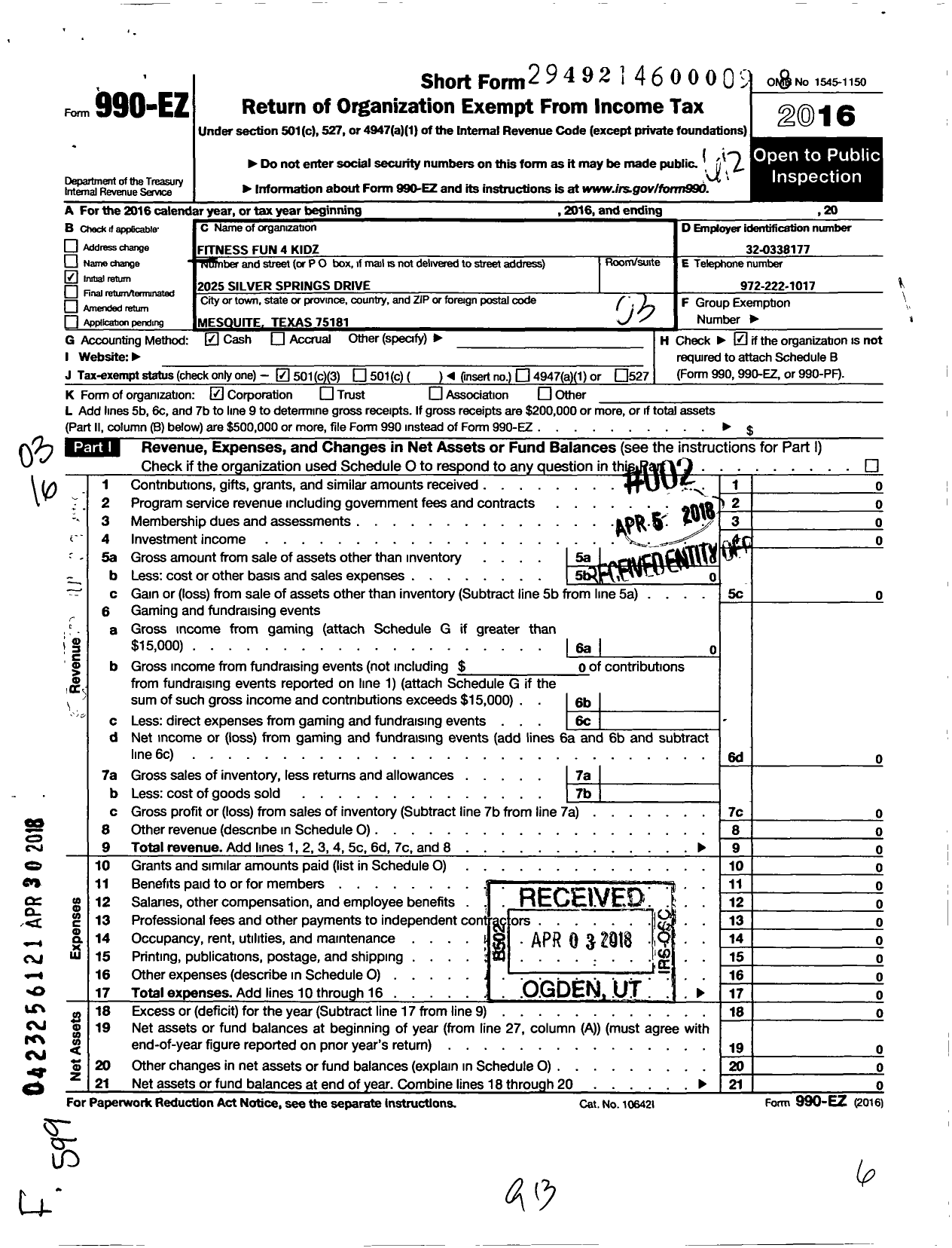 Image of first page of 2016 Form 990EZ for Fitness Fun 4 Kidz