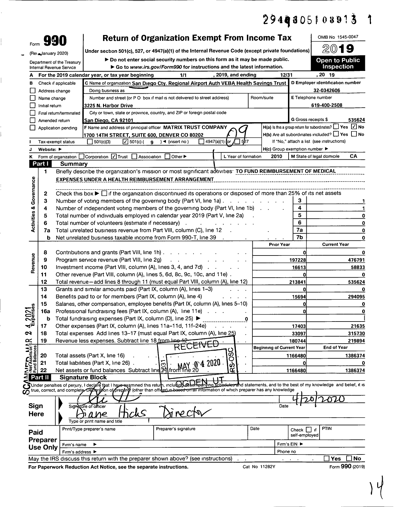 Image of first page of 2019 Form 990O for San Diego County Regional Airport Authority Veba Health Savings Trust