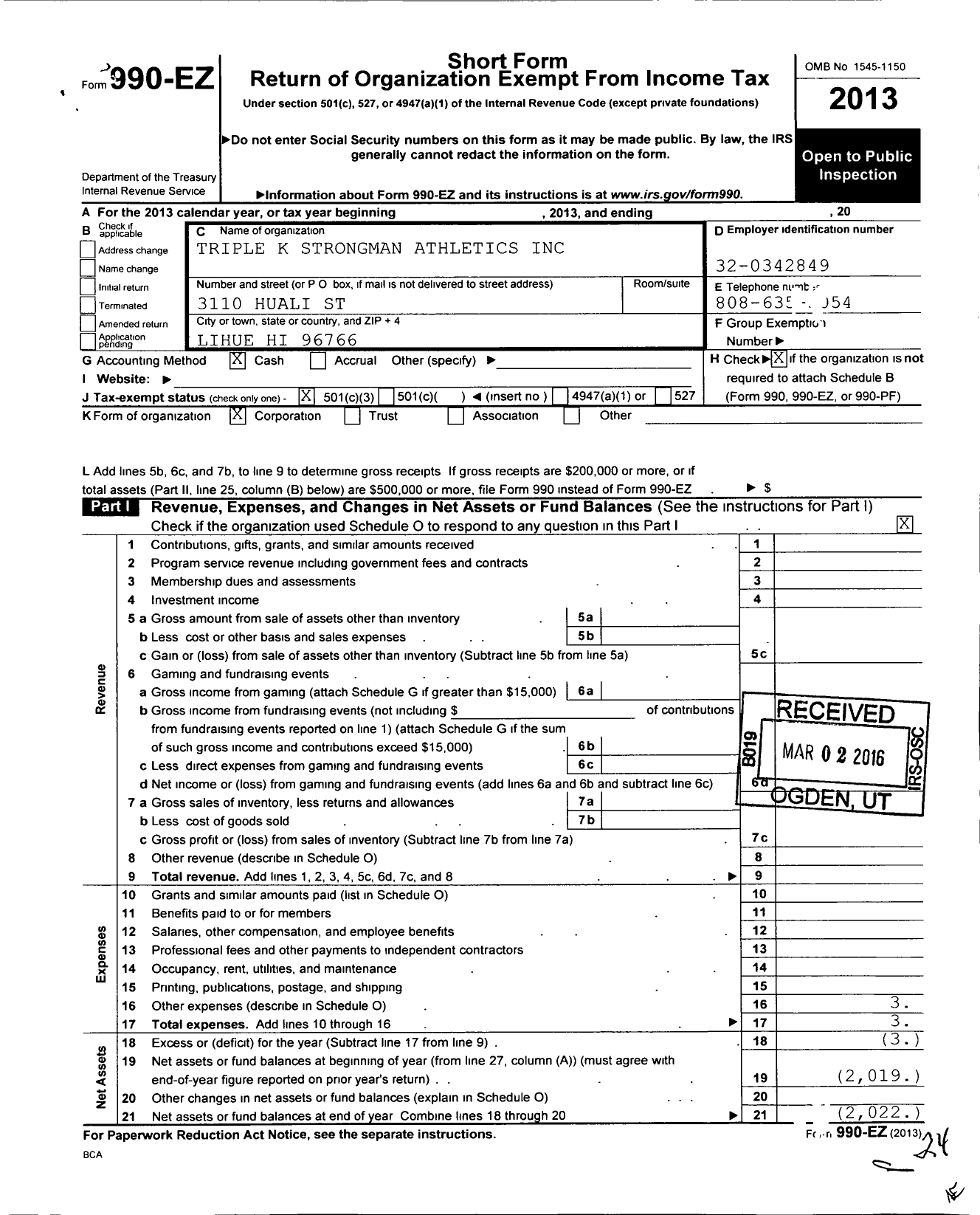 Image of first page of 2013 Form 990EZ for Triple K Strongman Athletics