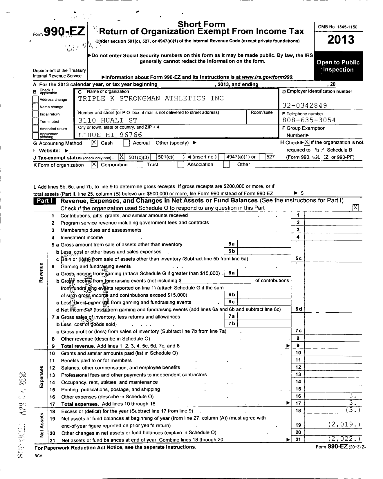 Image of first page of 2013 Form 990EZ for Triple K Strongman Athletics