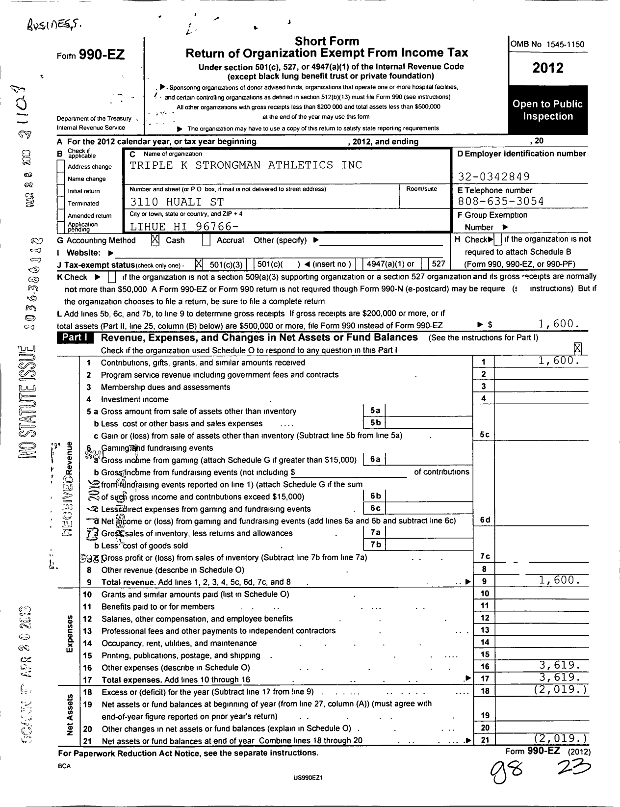 Image of first page of 2012 Form 990EZ for Triple K Strongman Athletics