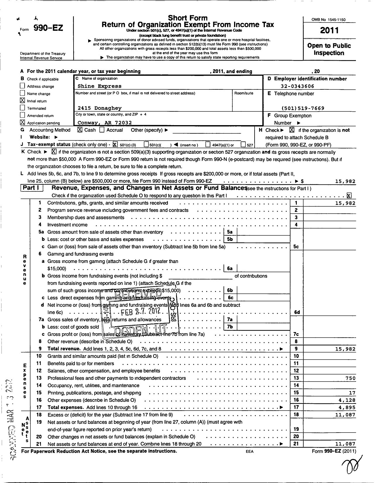 Image of first page of 2011 Form 990EZ for Shine Xpress