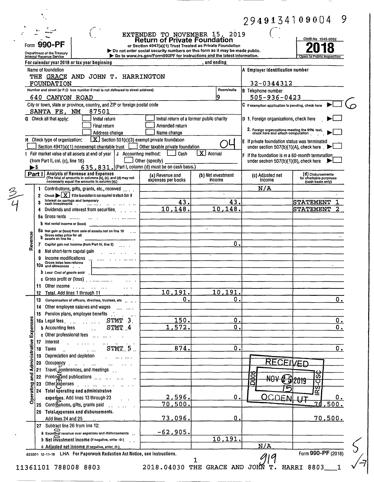 Image of first page of 2018 Form 990PF for The Grace and John T Harrington Foundation