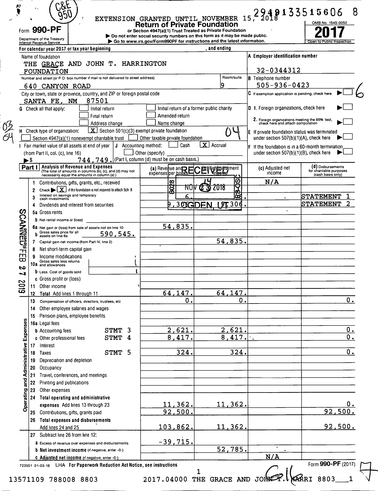 Image of first page of 2017 Form 990PF for The Grace and John T Harrington Foundation