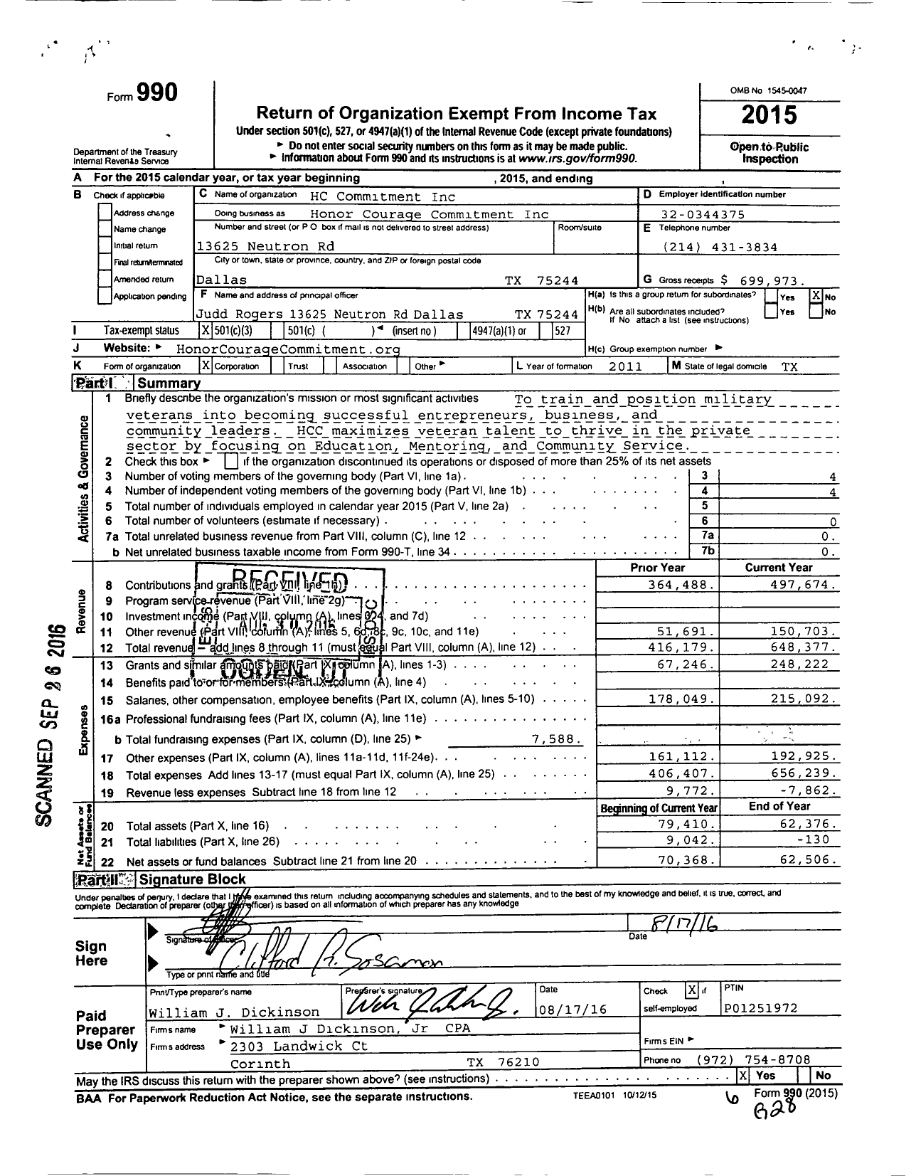 Image of first page of 2015 Form 990 for Honor Courage Commitment