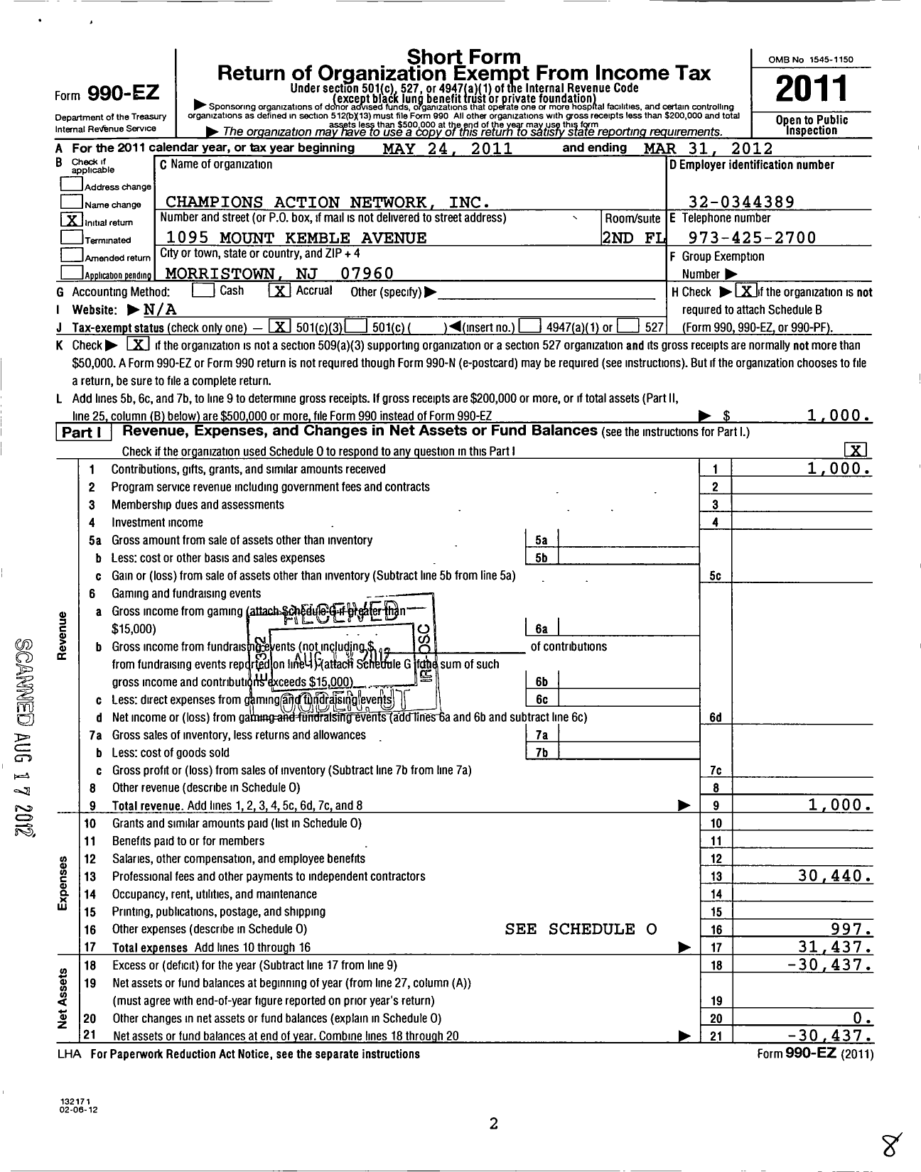 Image of first page of 2011 Form 990EZ for Champions Action Network