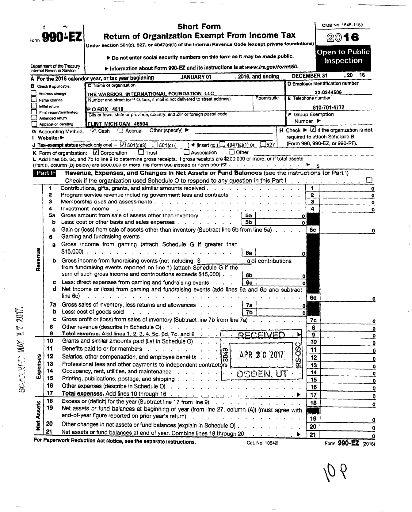 Image of first page of 2016 Form 990EZ for The Warrior International