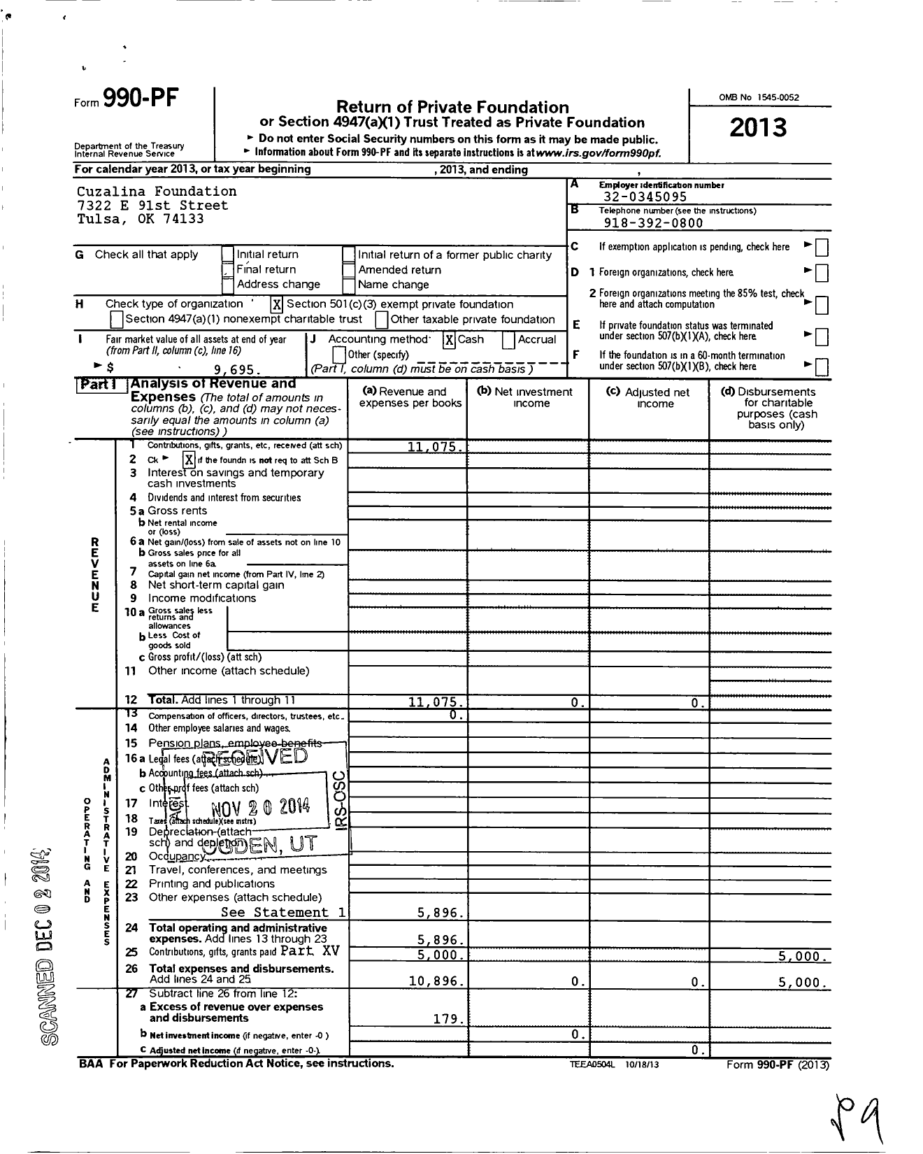 Image of first page of 2013 Form 990PF for Cuzalina Foundation
