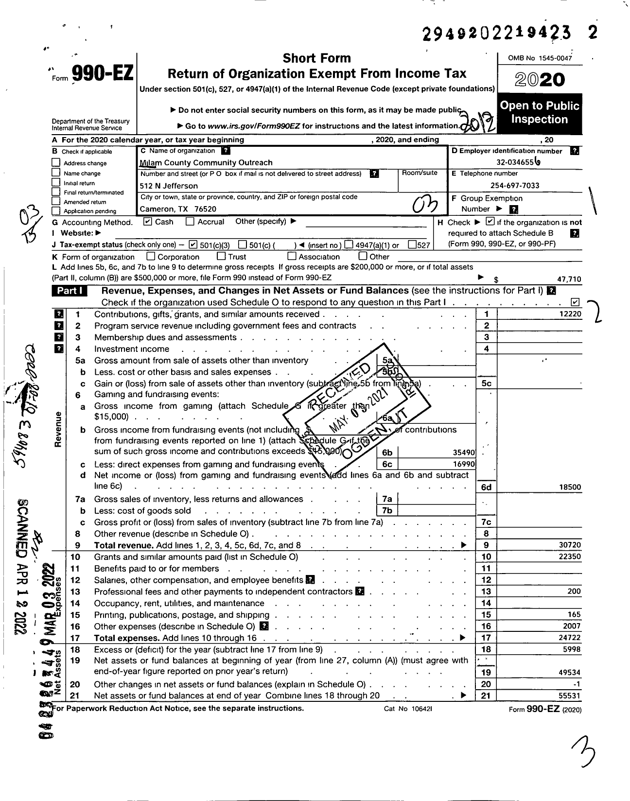 Image of first page of 2020 Form 990EZ for Milam County Community Outreach