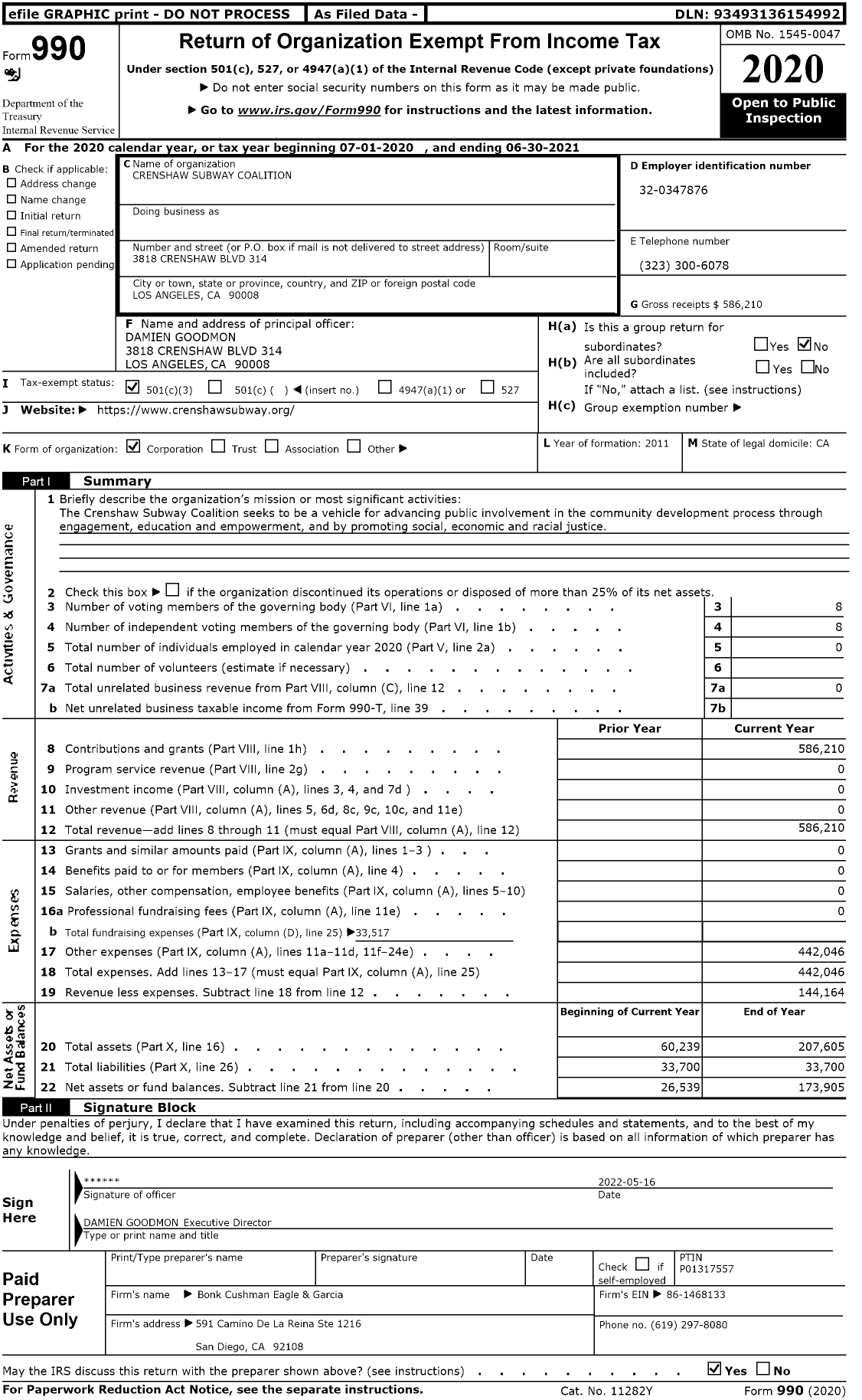 Image of first page of 2020 Form 990 for Crenshaw Subway Coalition