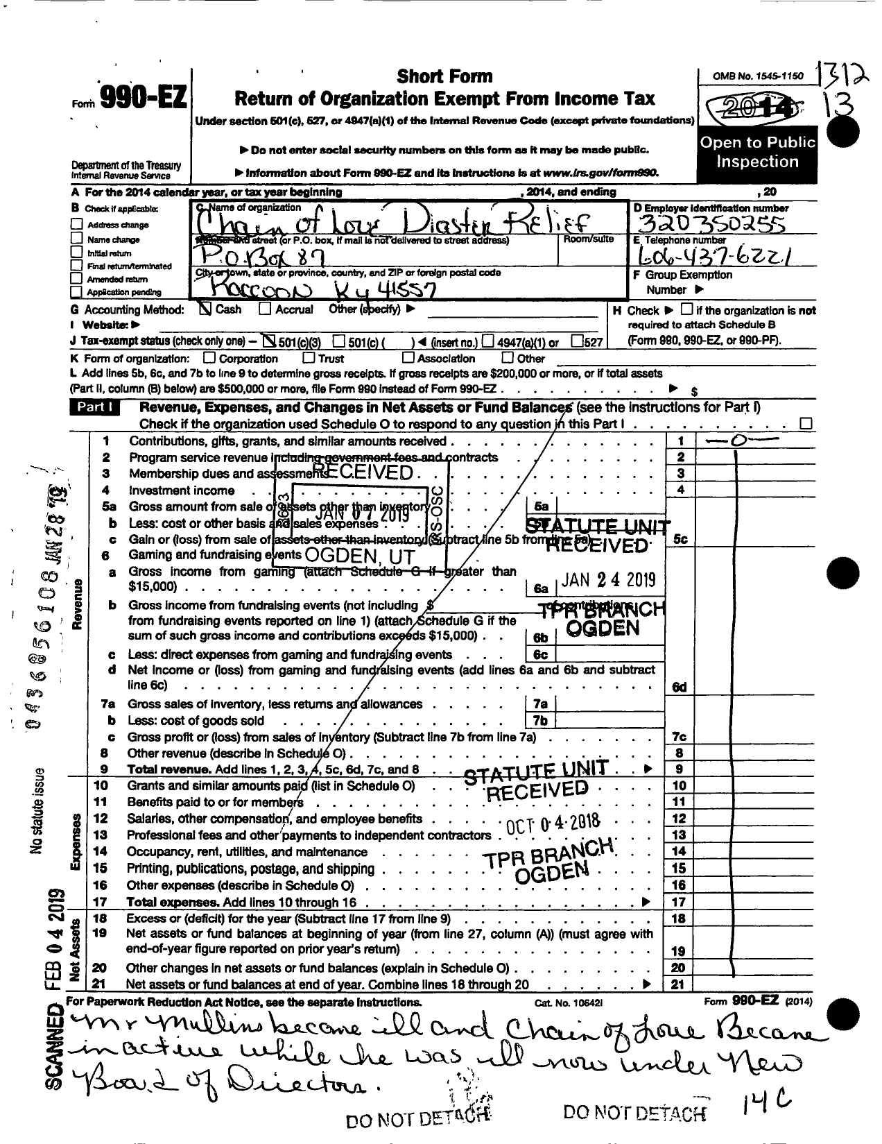 Image of first page of 2013 Form 990EA for Chain of Love Disaster Relief