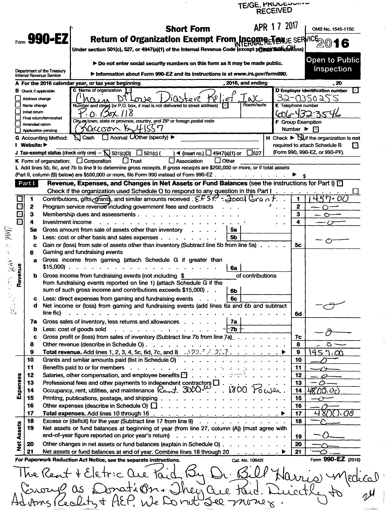 Image of first page of 2016 Form 990EZ for Chain of Love Disaster Relief