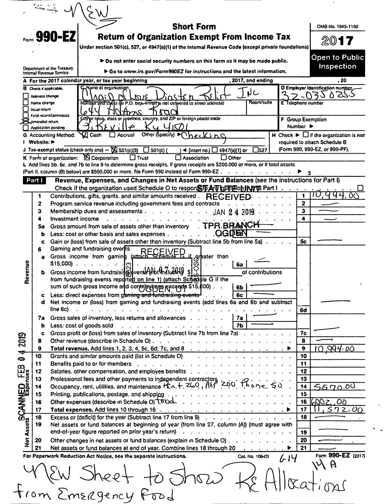 Image of first page of 2017 Form 990EA for Chain of Love Disaster Relief