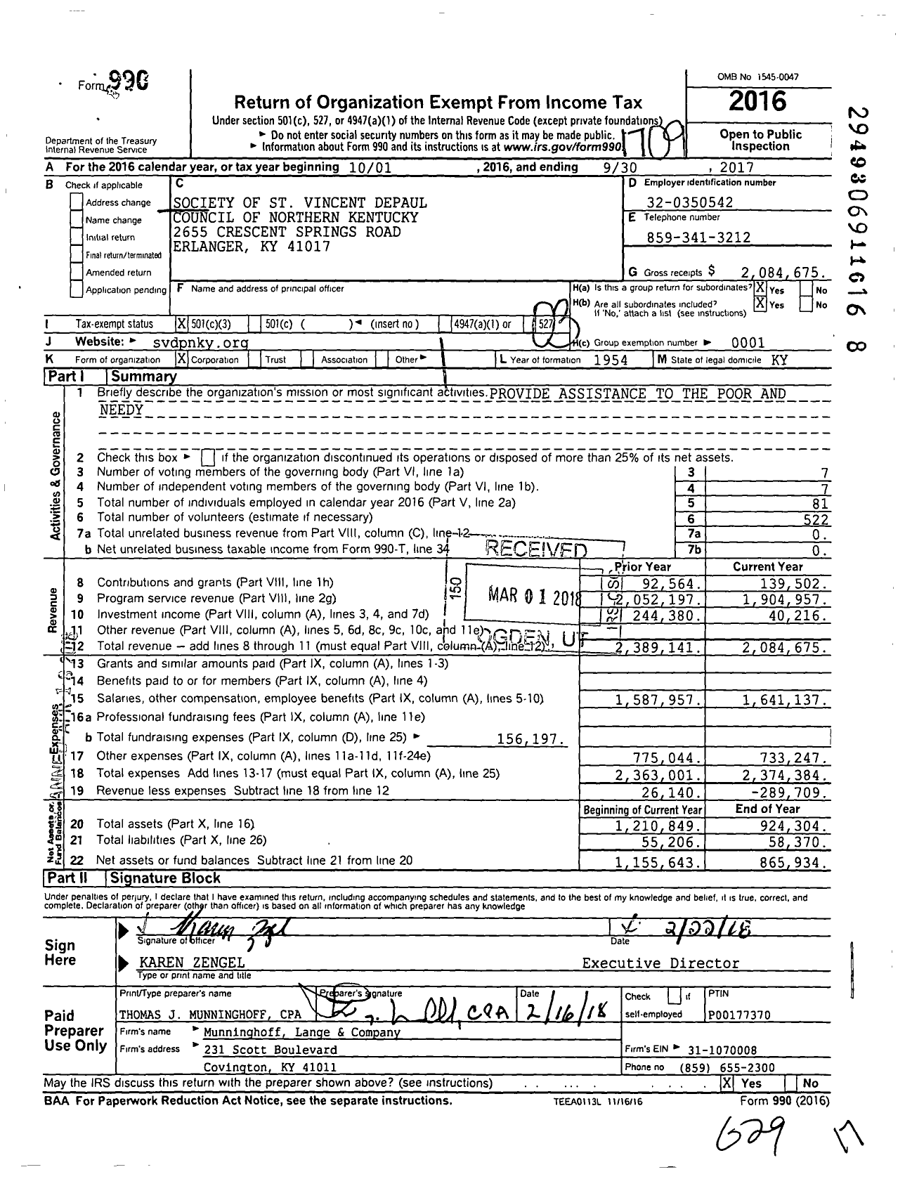 Image of first page of 2016 Form 990 for Society of St Vincent Depaul Paul Council of Northern Kentucky
