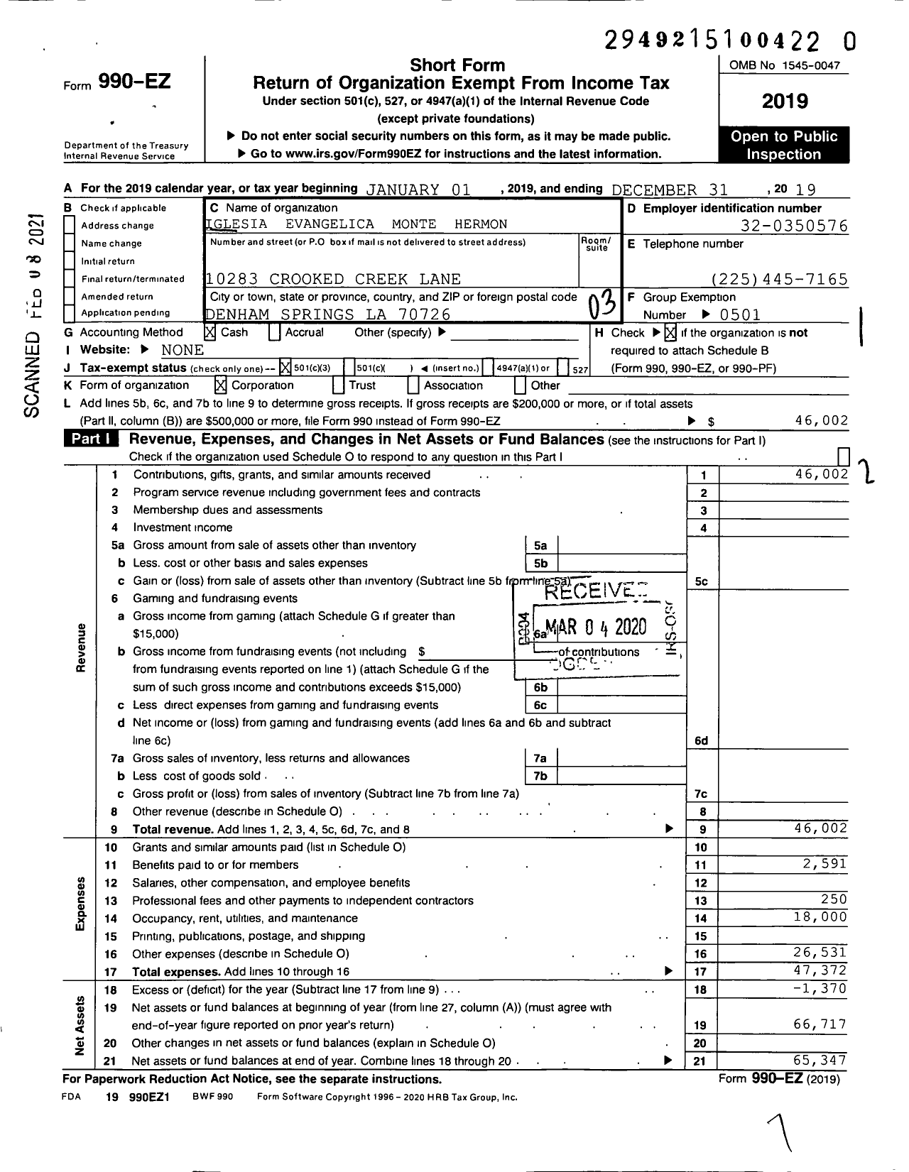 Image of first page of 2019 Form 990EZ for Iglesia Evangelica MT Hermon