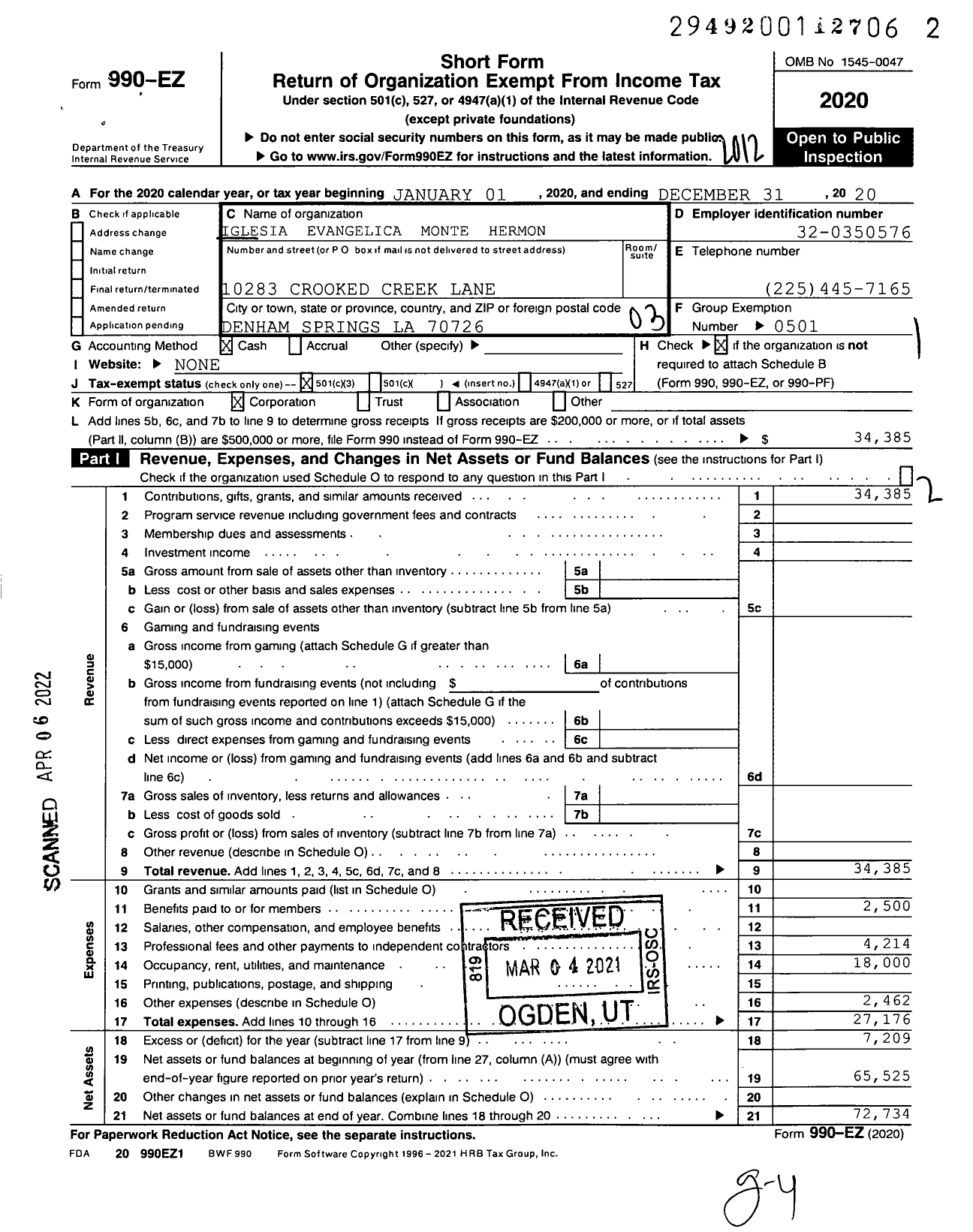 Image of first page of 2020 Form 990EZ for Iglesia Evangelica MT Hermon