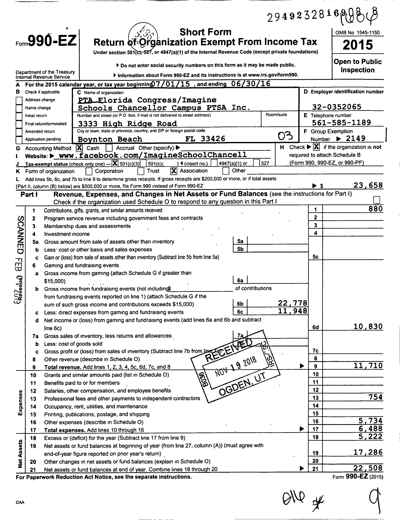 Image of first page of 2015 Form 990EZ for PTA Florida Congress - Imagine Schools Chancellor Campus