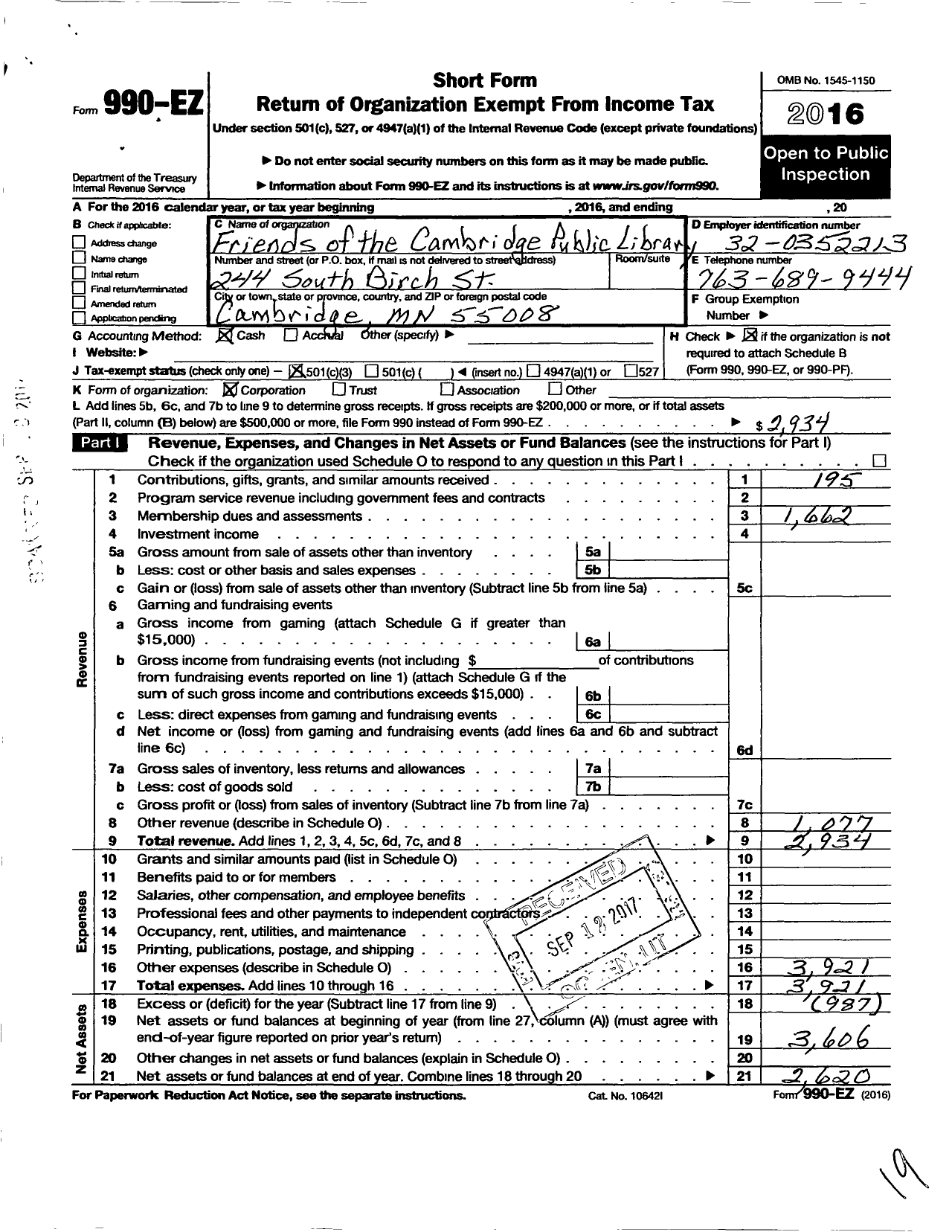 Image of first page of 2016 Form 990EZ for Friends of the Cambridge Public Library