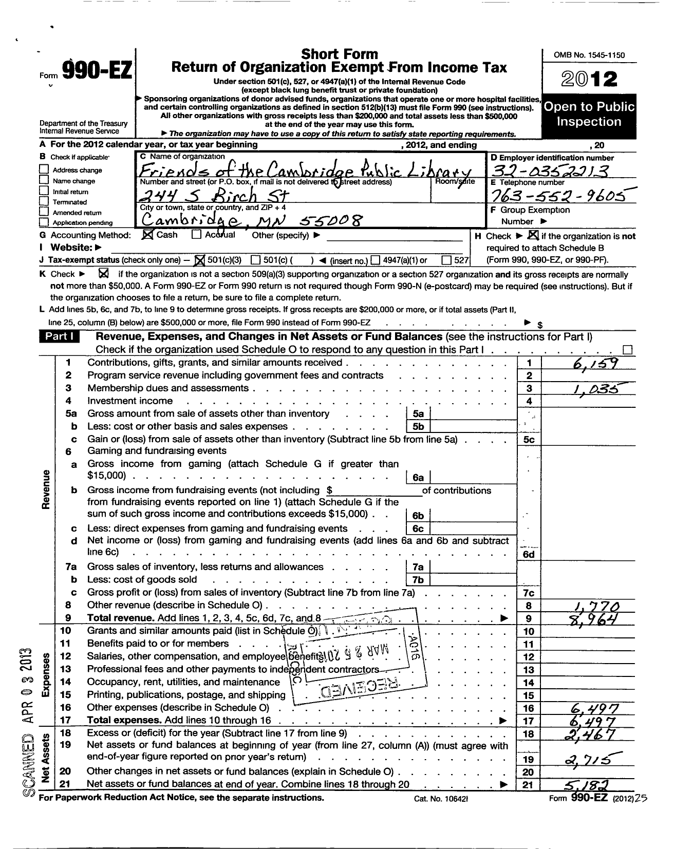 Image of first page of 2012 Form 990EZ for Friends of the Cambridge Public Library