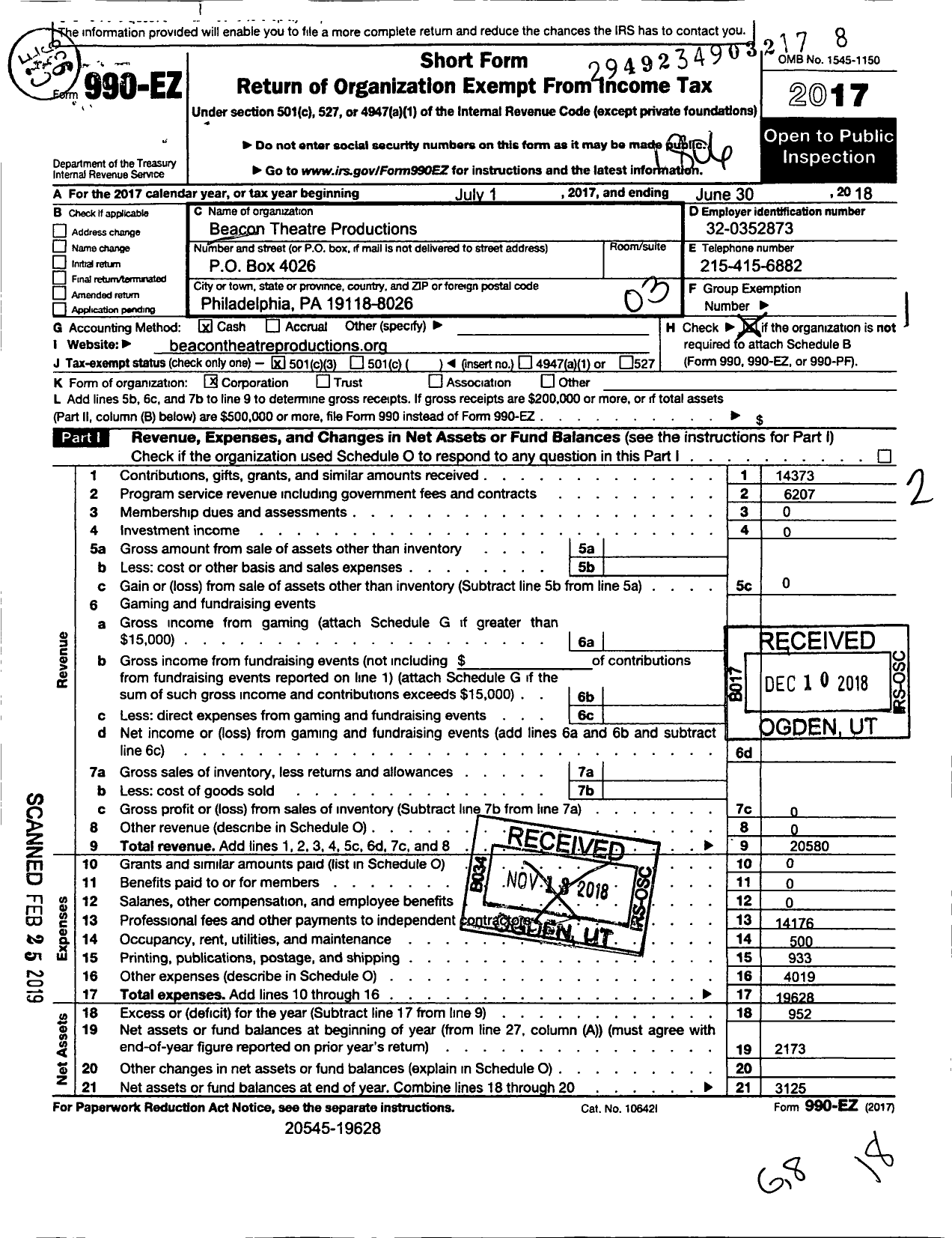 Image of first page of 2017 Form 990EZ for Beacon Theatre Productions