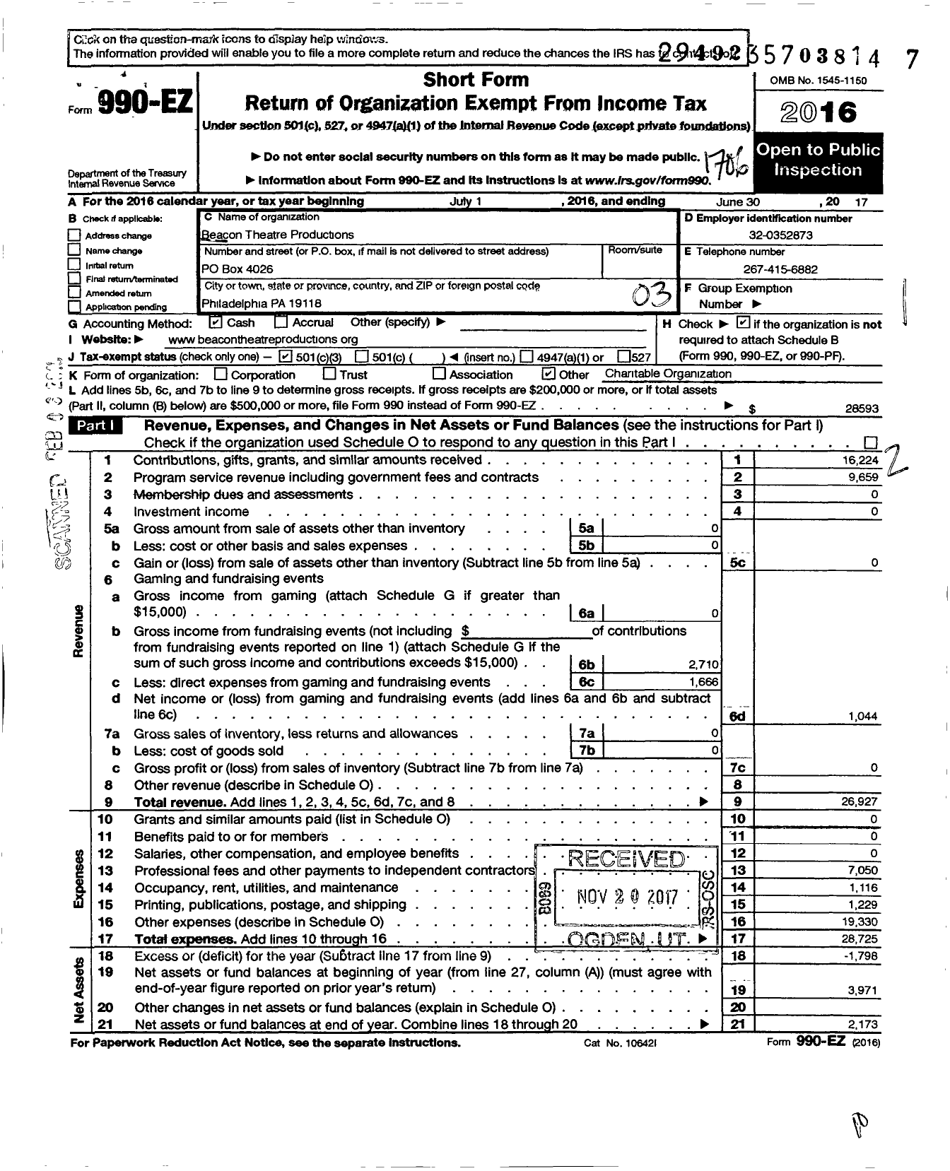 Image of first page of 2016 Form 990EZ for Beacon Theatre Productions