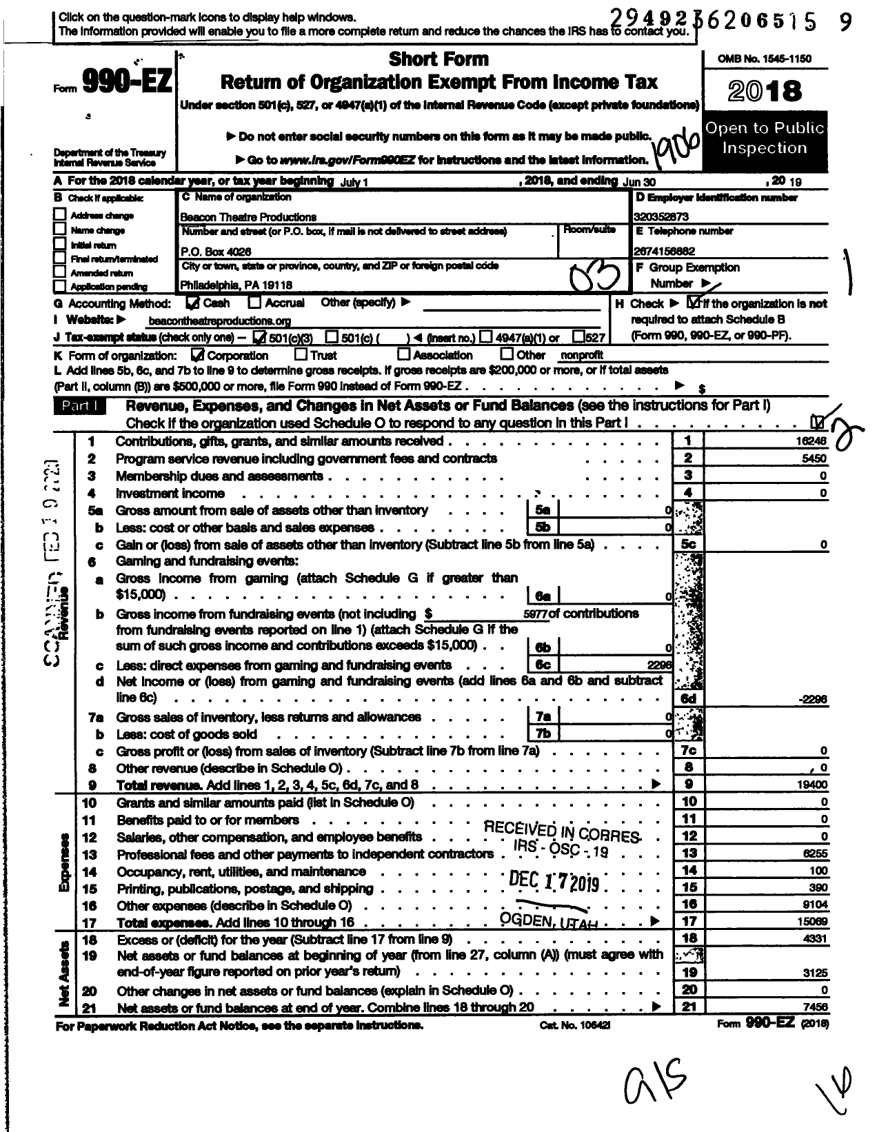 Image of first page of 2018 Form 990EZ for Beacon Theatre Productions