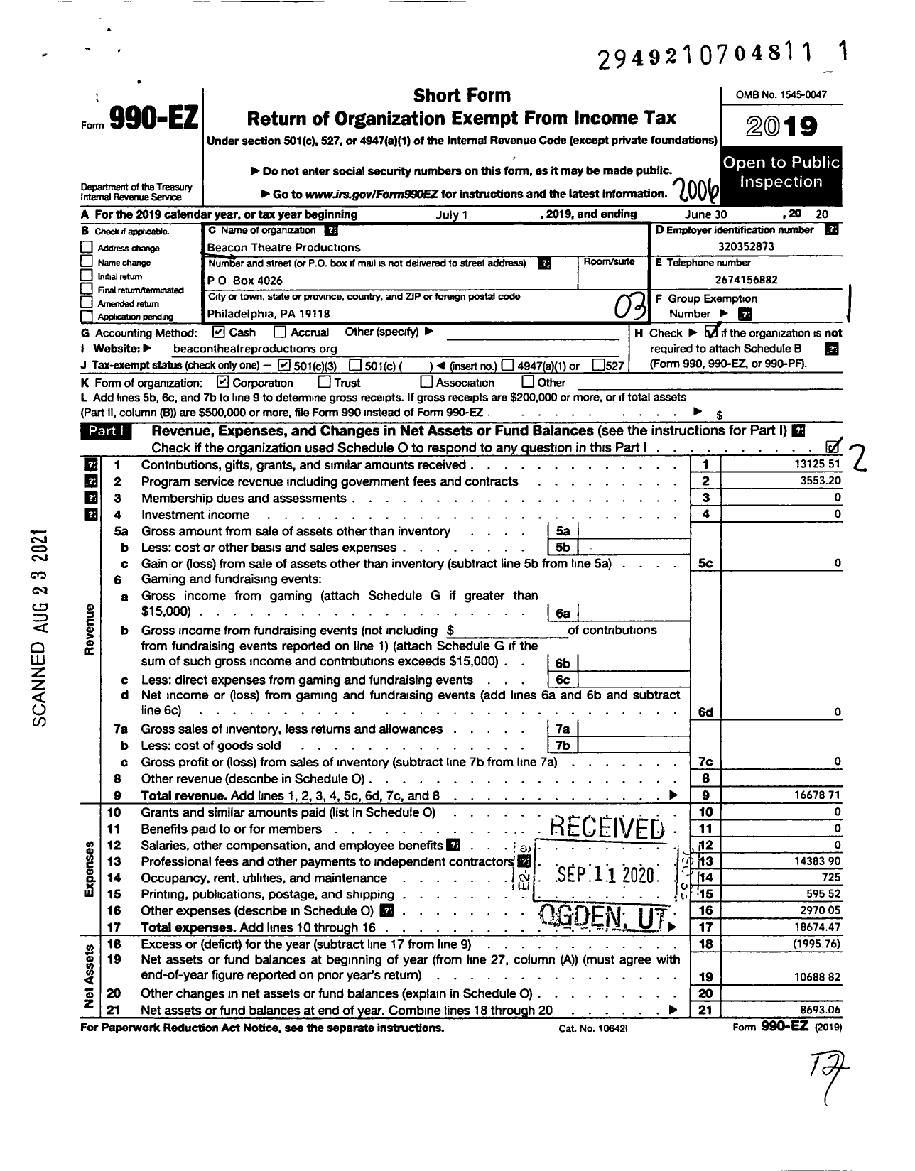 Image of first page of 2019 Form 990EZ for Beacon Theatre Productions