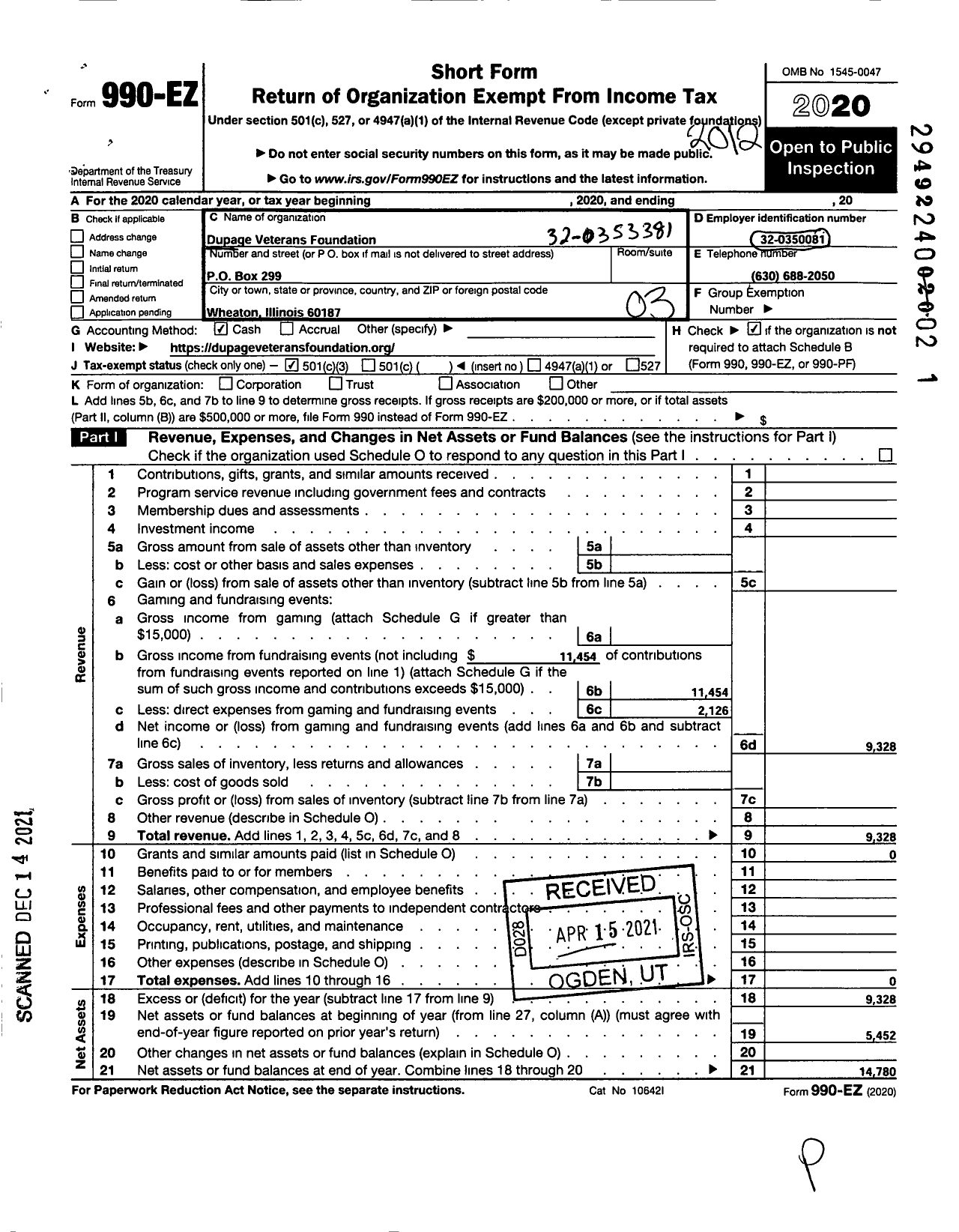 Image of first page of 2020 Form 990EZ for Dupage Veterans Foundation