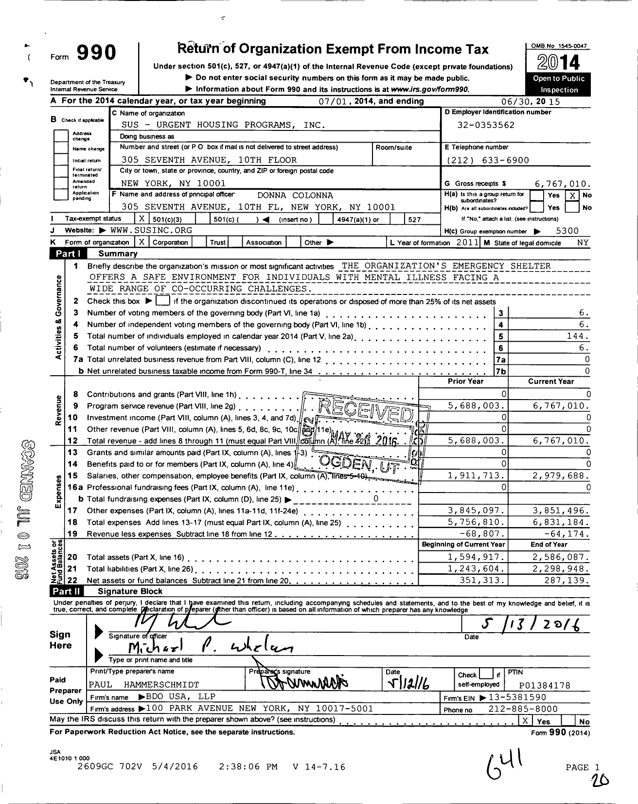 Image of first page of 2014 Form 990 for Sus - Urgent Housing Programs
