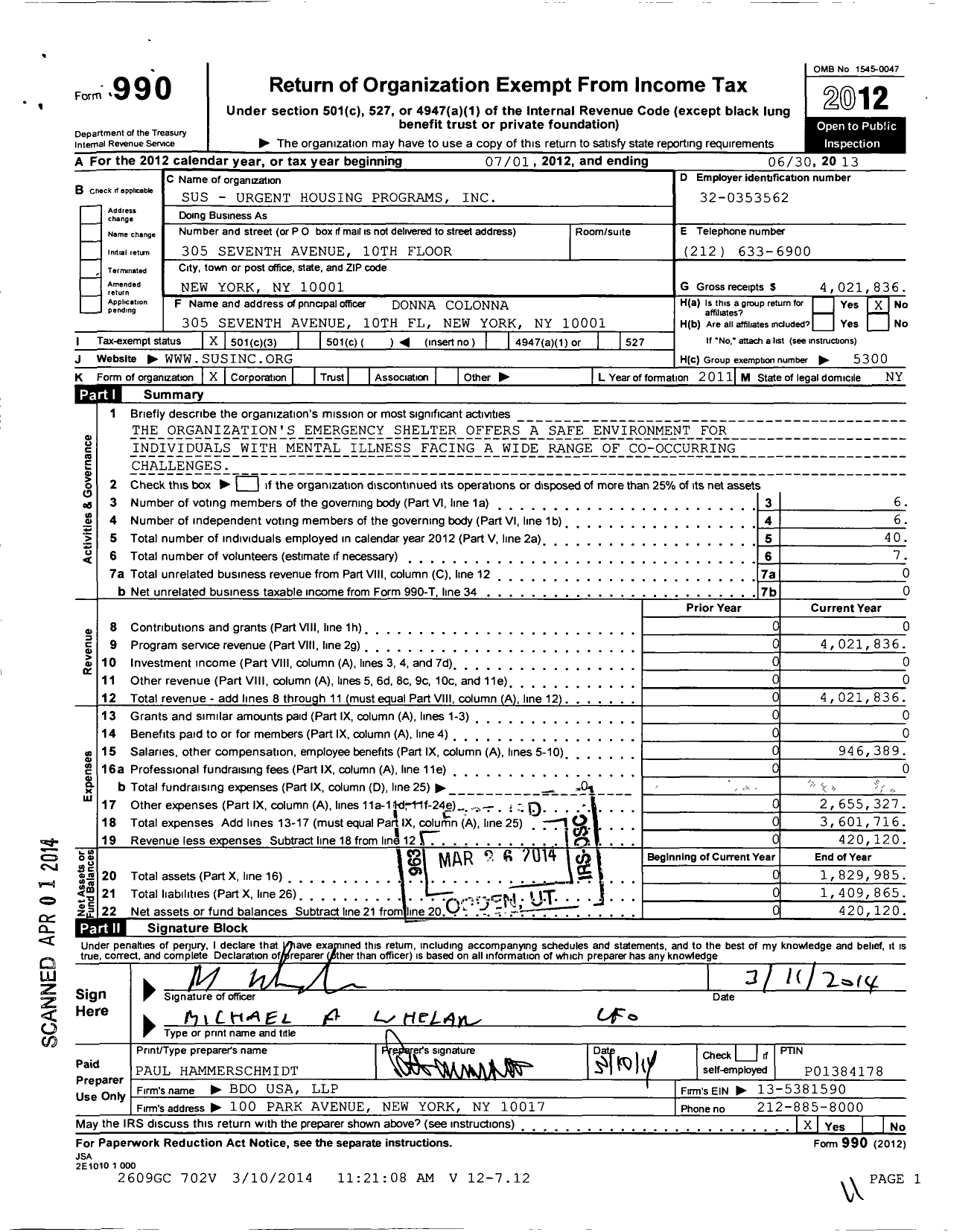 Image of first page of 2012 Form 990 for Sus - Urgent Housing Programs