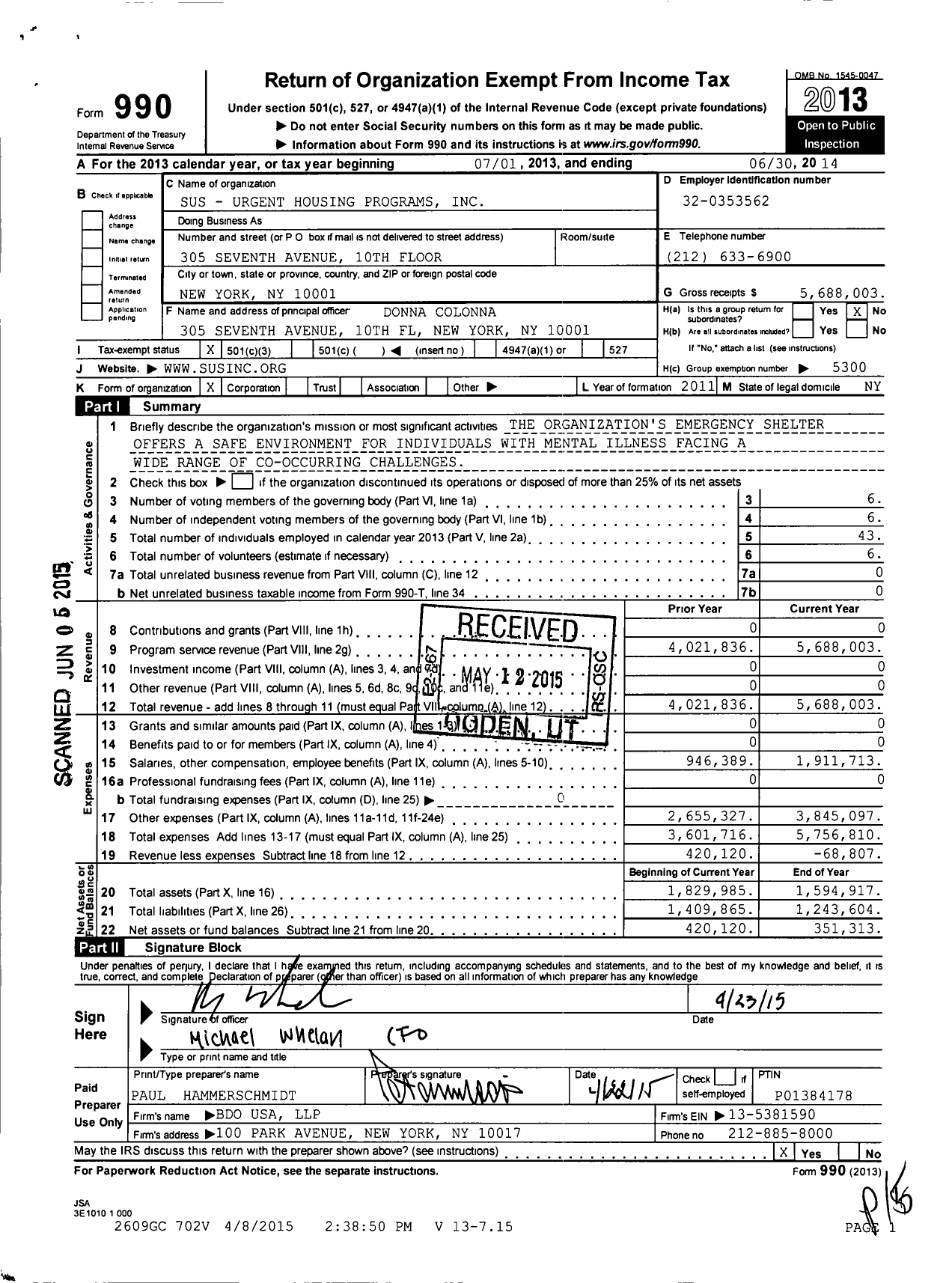 Image of first page of 2013 Form 990 for Sus - Urgent Housing Programs