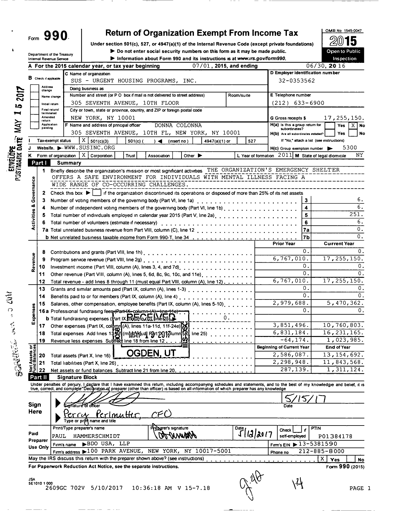 Image of first page of 2015 Form 990 for Sus - Urgent Housing Programs