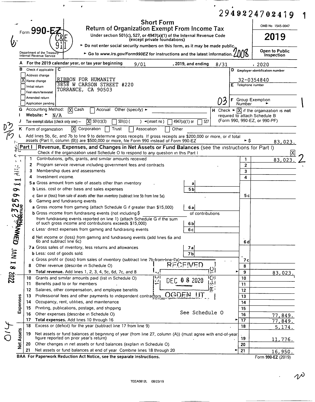 Image of first page of 2019 Form 990EZ for Ribbon for Humanity