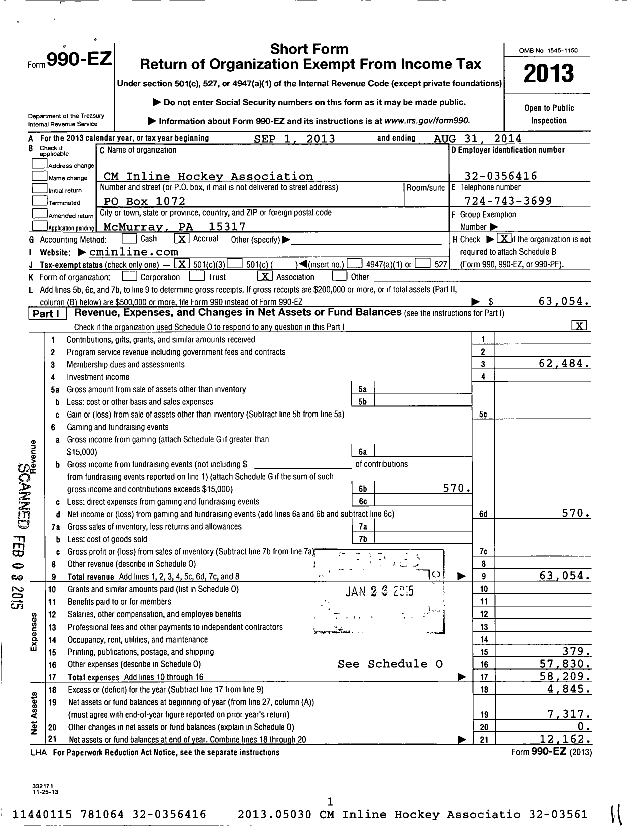 Image of first page of 2013 Form 990EZ for Amateur Athletic Union - CM Inline Hockey association