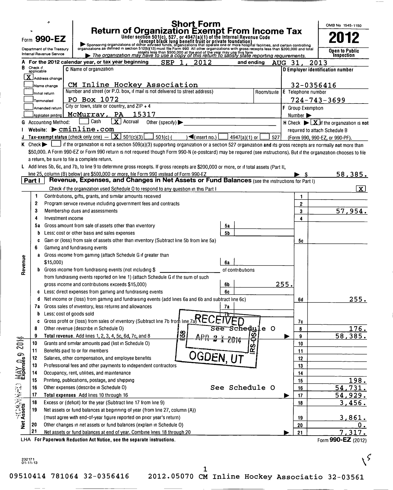 Image of first page of 2012 Form 990EZ for Amateur Athletic Union - CM Inline Hockey association