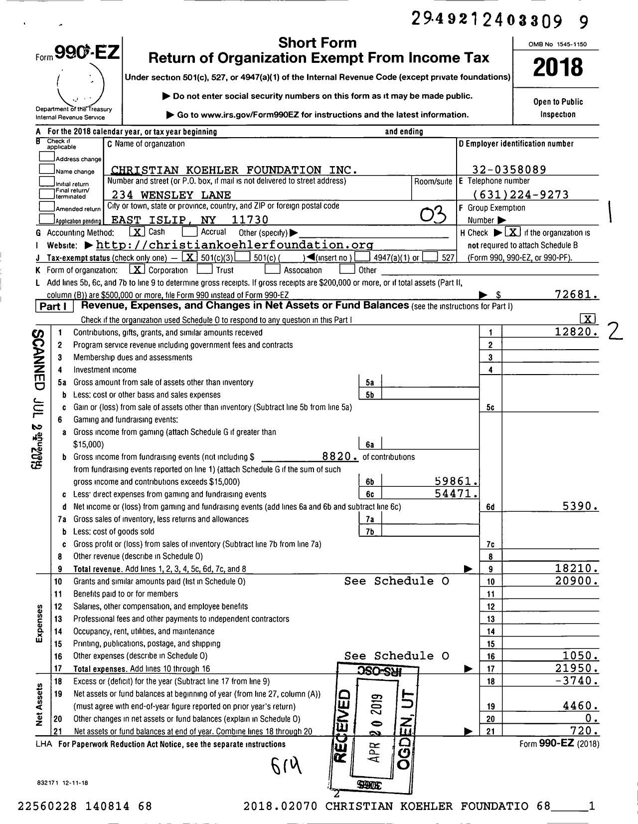 Image of first page of 2018 Form 990EZ for Christian Koehler Foundation