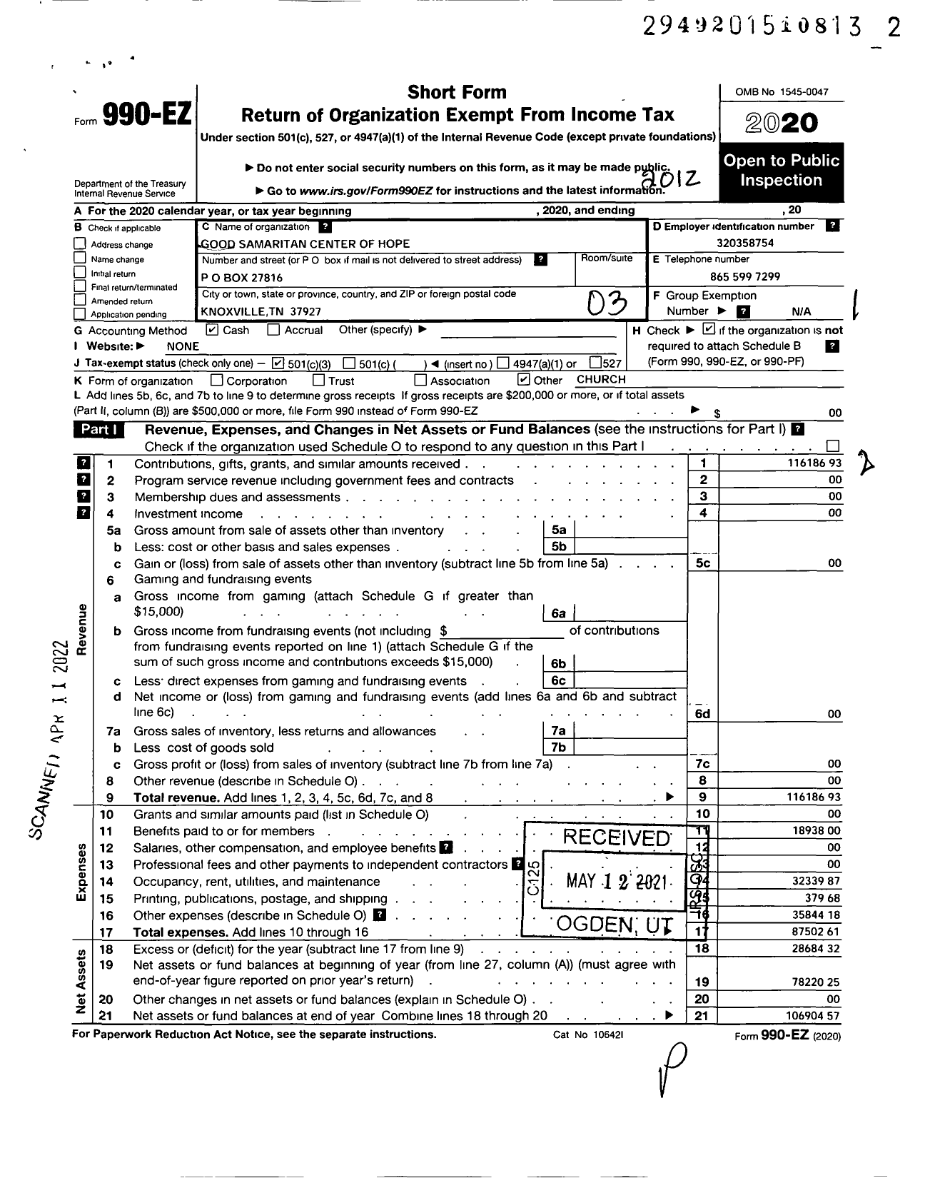 Image of first page of 2020 Form 990EZ for Good Samaritan Center of Hope