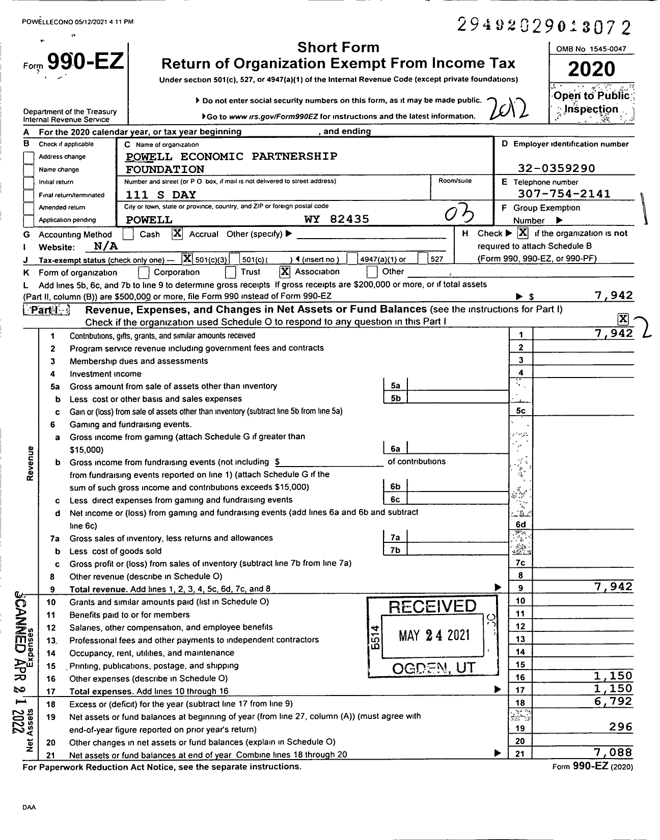 Image of first page of 2020 Form 990EZ for Powell Economic Partnership Foundation