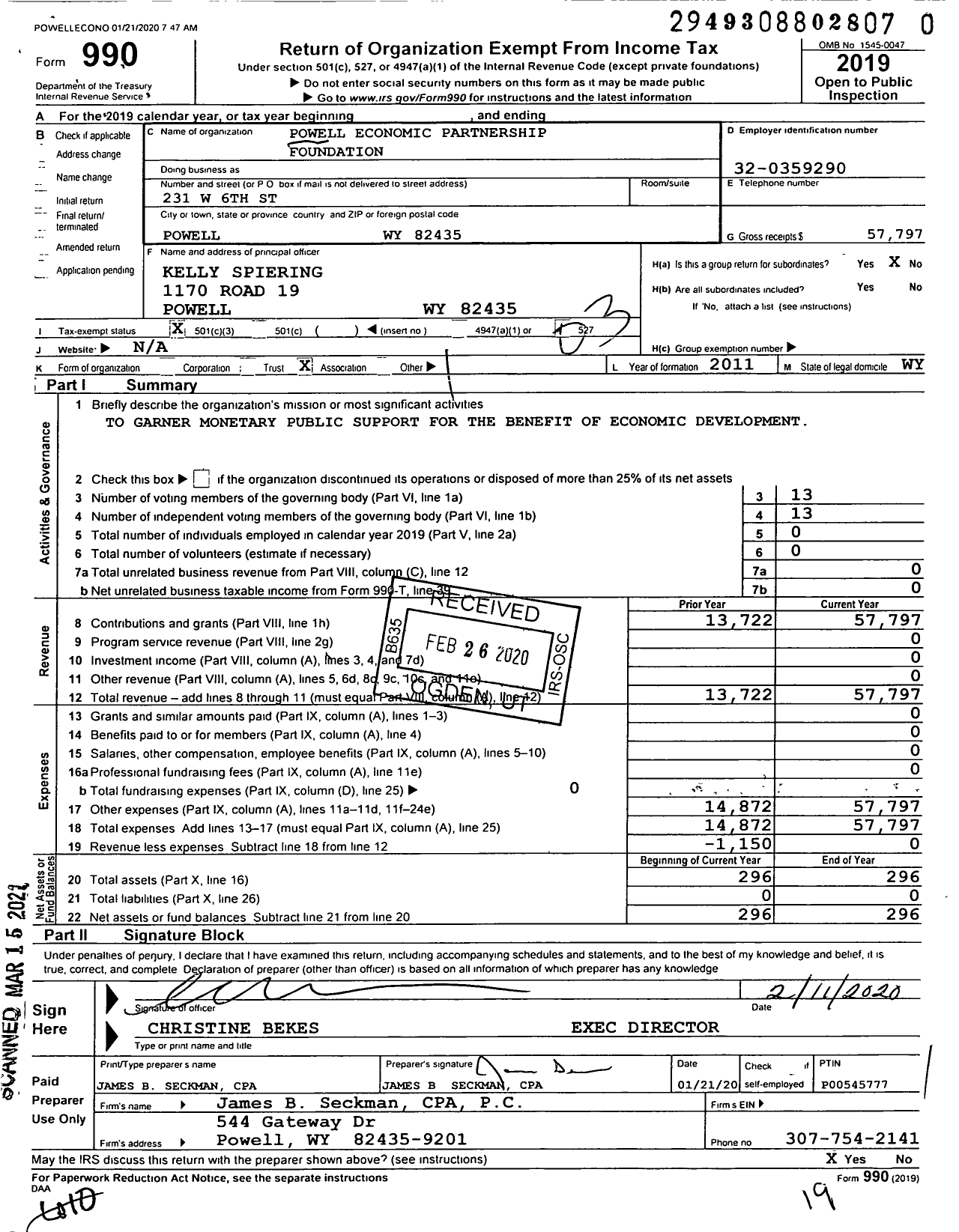 Image of first page of 2019 Form 990 for Powell Economic Partnership Foundation