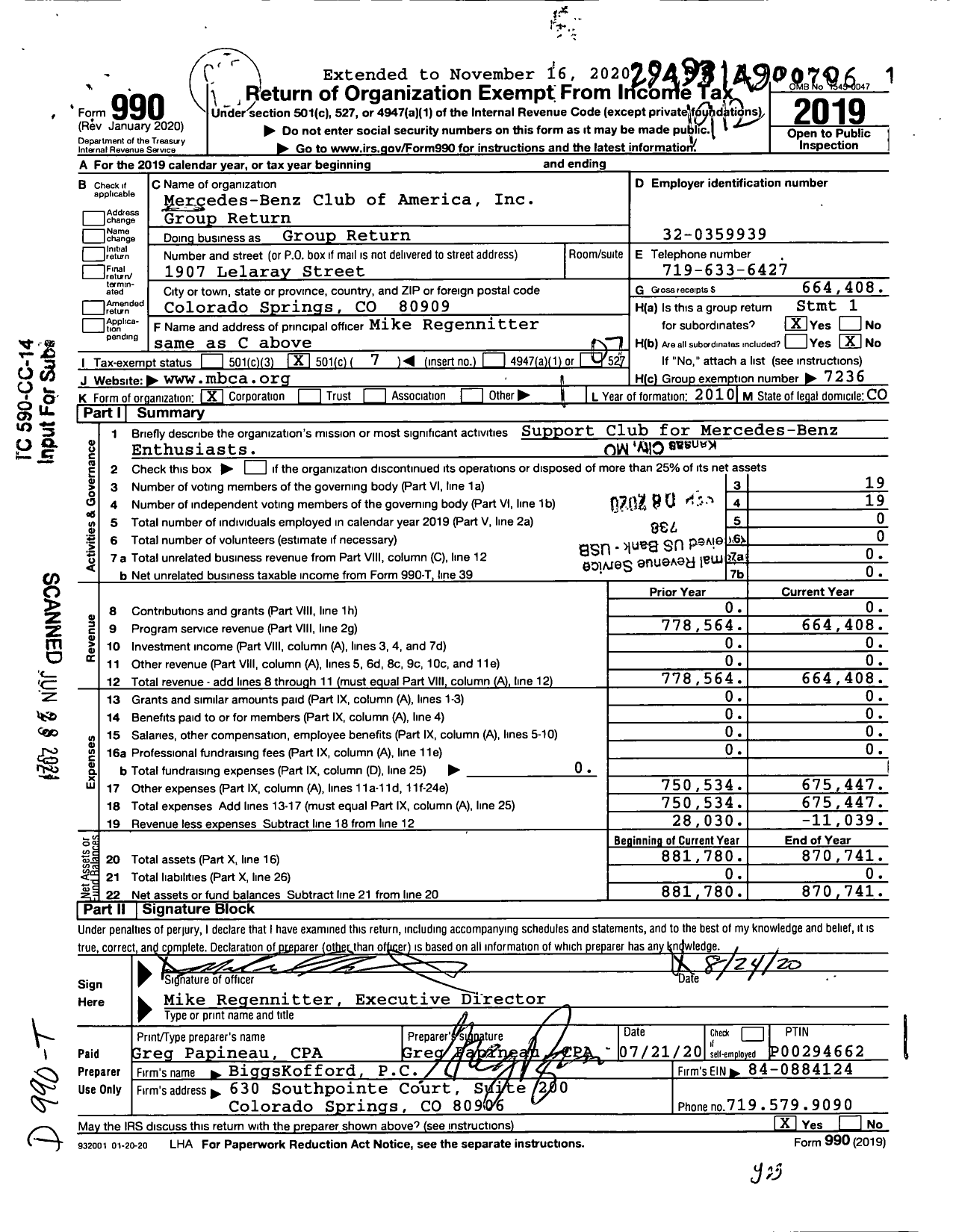 Image of first page of 2019 Form 990O for Mercedes-Benz Club of America Group Return