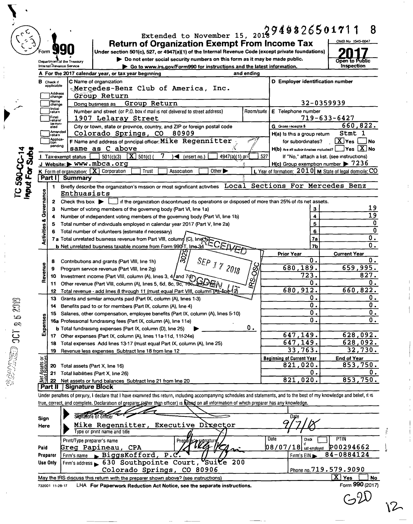 Image of first page of 2017 Form 990O for Mercedes-Benz Club of America Group Return