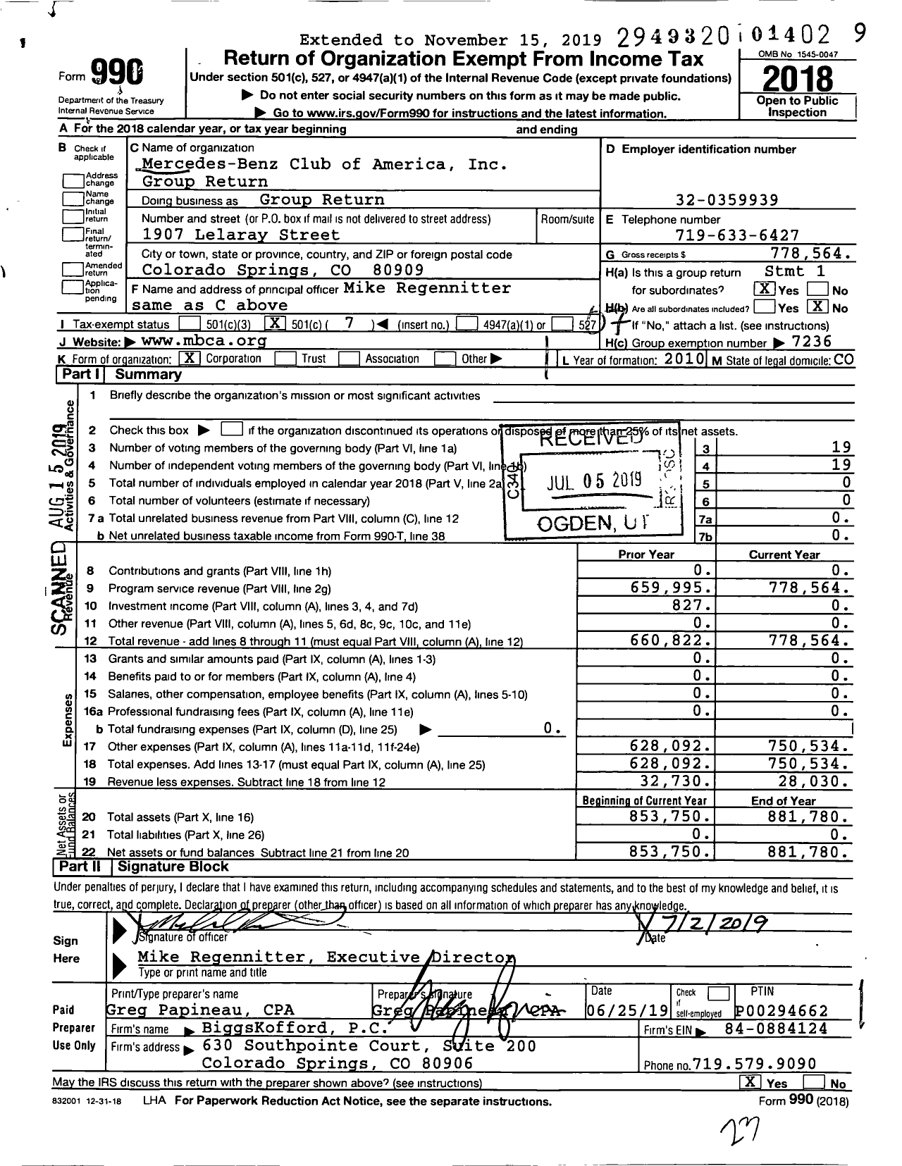 Image of first page of 2018 Form 990O for Mercedes-Benz Club of America Group Return