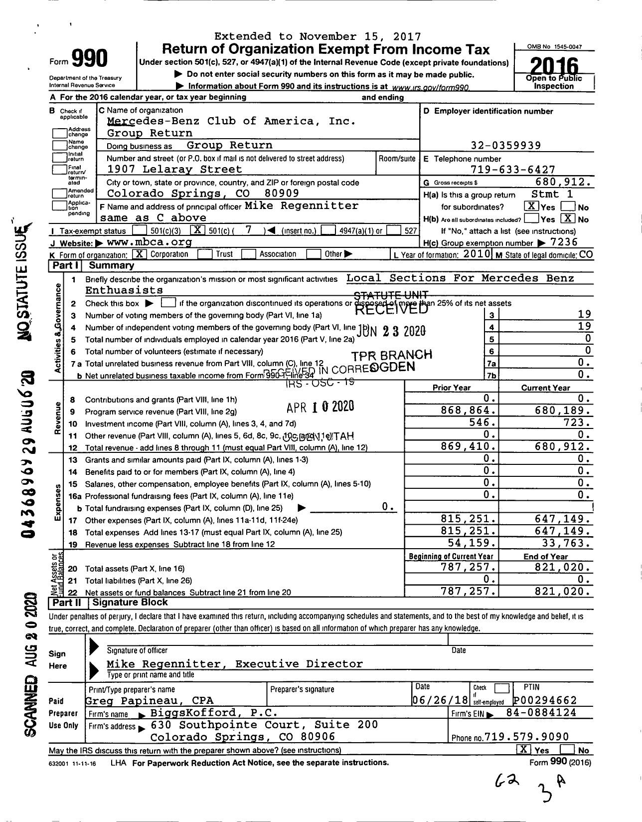 Image of first page of 2016 Form 990OA for Mercedes-Benz Club of America Group Return