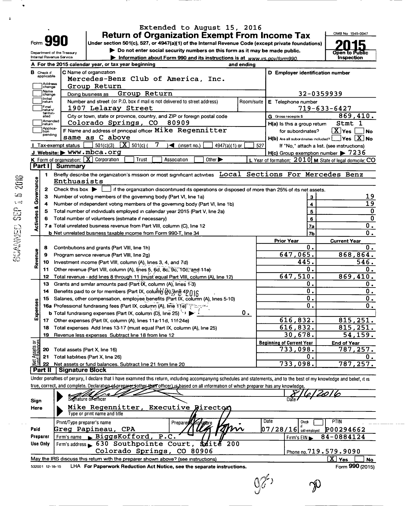 Image of first page of 2015 Form 990O for Mercedes-Benz Club of America Group Return