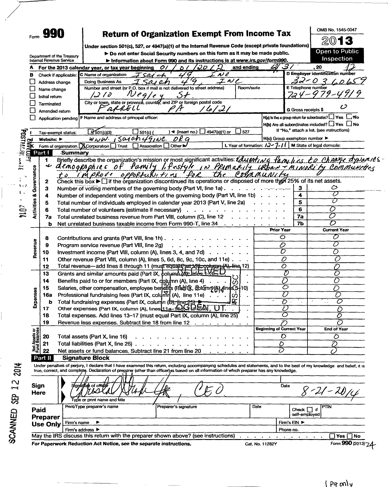 Image of first page of 2012 Form 990 for Isaiah 49