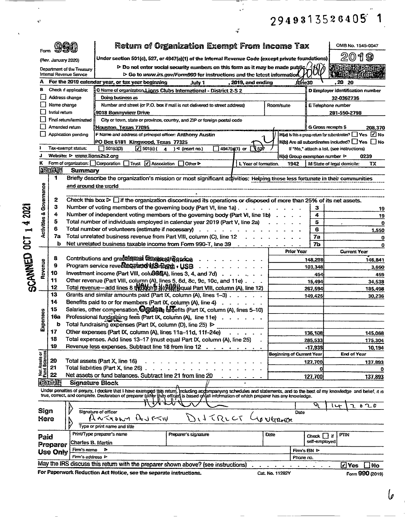 Image of first page of 2019 Form 990O for Lions Clubs - 65557 2 S2 District