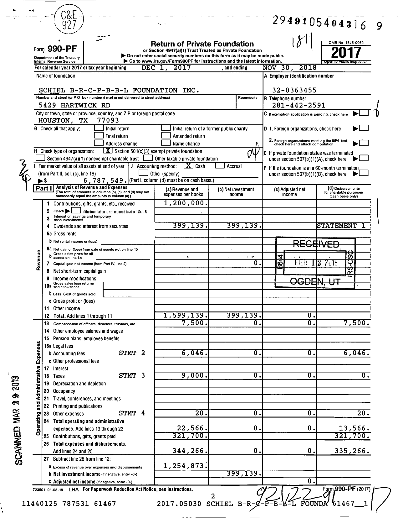 Image of first page of 2017 Form 990PF for Schiel B-R-C-P-B-B-L Foundation