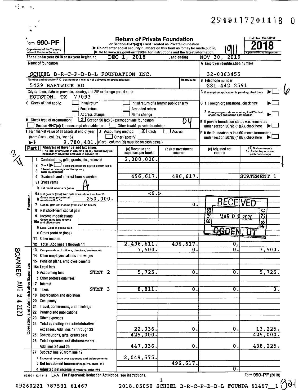 Image of first page of 2018 Form 990PR for Schiel B-R-C-P-B-B-L Foundation